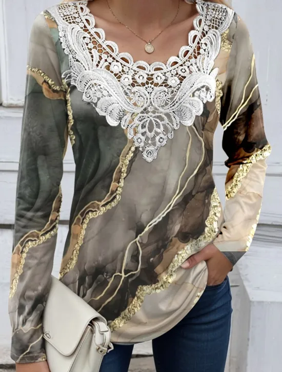 Clearance Women's Blouse Tunic Lace Splicing V Neck Long Sleeve Butterfly Abstract Lace Patchwork Print Regular Tops Round Neck Casual Black White Blue Khaki Gray Spring & Fall Prefall Women Tunic Tops