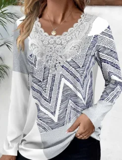 Clearance Women's Blouse Tunic Lace Splicing V Neck Long Sleeve Butterfly Abstract Lace Patchwork Print Regular Tops Round Neck Casual Black White Blue Khaki Gray Spring & Fall Prefall Women Tunic Tops