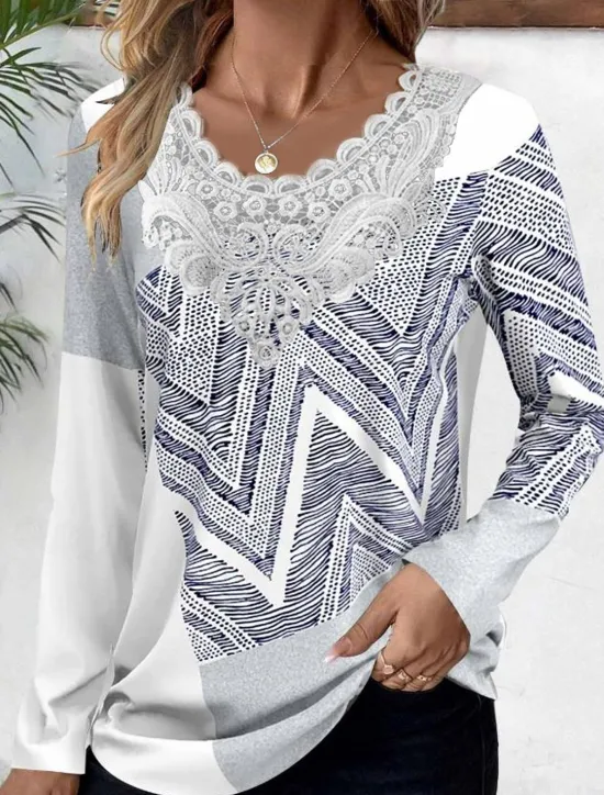 Clearance Women's Blouse Tunic Lace Splicing V Neck Long Sleeve Butterfly Abstract Lace Patchwork Print Regular Tops Round Neck Casual Black White Blue Khaki Gray Spring & Fall Prefall Women Tunic Tops