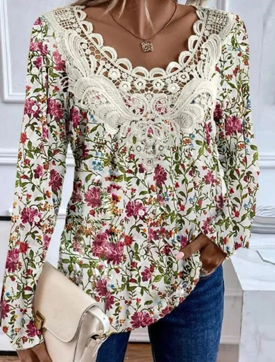 New Women's Blouse Tunic Lace Splicing V Neck Long Sleeve Floral Lace Print Regular Tops Casual Holiday Black White Yellow Pink Red Spring & Fall Prefall Women Tunic Tops