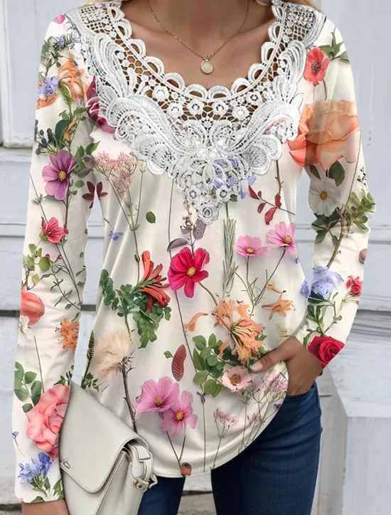 New Women's Blouse Tunic Lace Splicing V Neck Long Sleeve Floral Lace Print Regular Tops Casual Holiday Black White Yellow Pink Red Spring & Fall Prefall Women Tunic Tops