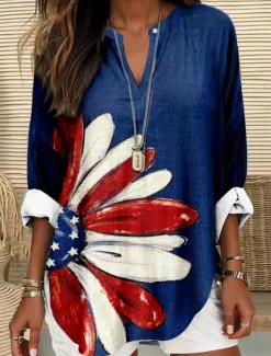 Outlet Women's Blouse Tunic V Neck Long Sleeve Boho Casual Patriotic Graphic Flag Vintage Tropical Regular Tops Daily Wear Print Women Independence Day Top
