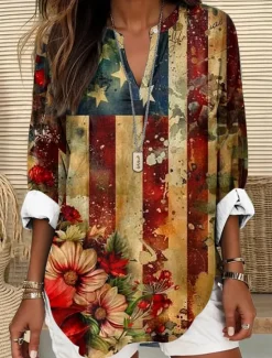 Outlet Women's Blouse Tunic V Neck Long Sleeve Boho Casual Patriotic Graphic Flag Vintage Tropical Regular Tops Daily Wear Print Women Independence Day Top