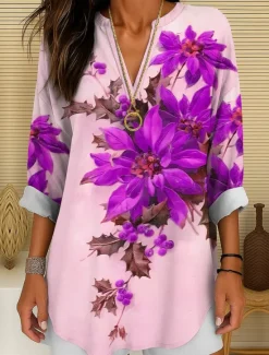 Women's Blouse Tunic V Neck Long Sleeve Boho Casual Floral Graphic Vintage Tropical Regular Tops Daily Wear Print Yellow Red Blue Purple Green Winter Women Blouses & Shirts
