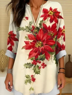Women's Blouse Tunic V Neck Long Sleeve Boho Casual Floral Graphic Vintage Tropical Regular Tops Daily Wear Print Yellow Red Blue Purple Green Winter Women Blouses & Shirts