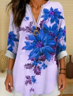 Women's Blouse Tunic V Neck Long Sleeve Boho Casual Floral Graphic Vintage Tropical Regular Tops Daily Wear Print Yellow Red Blue Purple Green Winter Women Blouses & Shirts