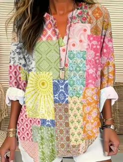 Best Women's Blouse Tunic V Neck Long Sleeve Boho Casual Cotton Linen Floral Basic Regular Tops Daily Buttons Print Pink Red Navy Blue Blue Purple Women Boho Tops