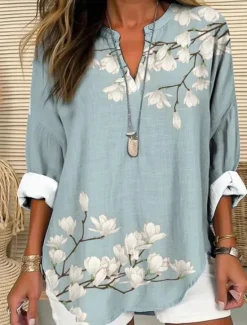 Best Women's Blouse Tunic V Neck Long Sleeve Boho Casual Cotton Linen Floral Basic Regular Tops Daily Buttons Print Pink Red Navy Blue Blue Purple Women Boho Tops