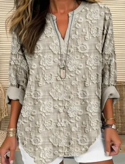 Best Women's Blouse Tunic V Neck Long Sleeve Boho Casual Cotton Linen Floral Basic Regular Tops Daily Buttons Print Pink Red Navy Blue Blue Purple Women Boho Tops