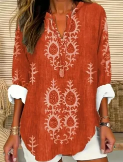 Sale Women's Blouse Tunic V Neck Long Sleeve Boho Casual Tops Floral Graphic Vintage Tropical Regular Tops Daily Wear Print Blue Orange Green Women Boho Tops