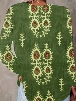 Sale Women's Blouse Tunic V Neck Long Sleeve Boho Casual Tops Floral Graphic Vintage Tropical Regular Tops Daily Wear Print Blue Orange Green Women Boho Tops