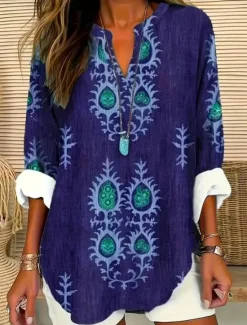 Sale Women's Blouse Tunic V Neck Long Sleeve Boho Casual Tops Floral Graphic Vintage Tropical Regular Tops Daily Wear Print Blue Orange Green Women Boho Tops