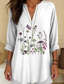 Online Women's Blouse Tunic V Neck Long Sleeve Boho Casual Tops Floral Graphic Vintage Tropical Regular Tops Daily Wear Print White Pink Blue Purple Women Blouses & Shirts