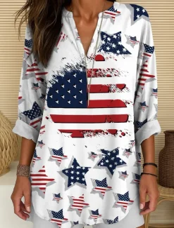 Women's Blouse Tunic V Neck Long Sleeve Boho Casual Patriotic Graphic Flag Vintage Tropical Regular Tops Daily Wear Print Red Blue Purple Women Independence Day Top