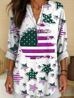 Women's Blouse Tunic V Neck Long Sleeve Boho Casual Patriotic Graphic Flag Vintage Tropical Regular Tops Daily Wear Print Red Blue Purple Women Independence Day Top