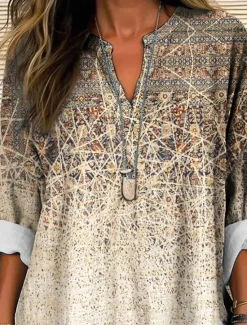 New Women's Blouse Tunic V Neck Long Sleeve Boho Casual Tops Graphic Paisley Vintage Tropical Regular Tops Daily Wear Print Blue Khaki Women Boho Tops
