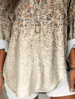 New Women's Blouse Tunic V Neck Long Sleeve Boho Casual Tops Graphic Paisley Vintage Tropical Regular Tops Daily Wear Print Blue Khaki Women Boho Tops