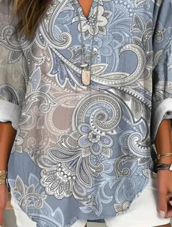 New Women's Blouse Tunic V Neck Long Sleeve Boho Casual Tops Graphic Paisley Vintage Tropical Regular Tops Daily Wear Print Blue Khaki Women Boho Tops