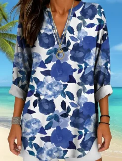 Outlet Women's Blouse Tunic V Neck Long Sleeve Boho Casual Floral Graphic Vintage Tropical Regular Tops Daily Wear Print Yellow Red Blue Purple Green Women Blouses & Shirts