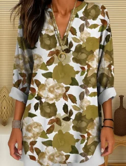 Outlet Women's Blouse Tunic V Neck Long Sleeve Boho Casual Floral Graphic Vintage Tropical Regular Tops Daily Wear Print Yellow Red Blue Purple Green Women Blouses & Shirts