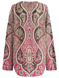 Discount Women's Blouse Tunic V Neck Long Sleeve Boho Casual Tops Graphic Geometric Vintage Tropical Regular Tops Daily Wear Print Women Boho Tops
