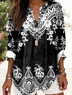 Sale Women's Blouse Tunic V Neck Long Sleeve Boho Casual Graphic Geometric Elegant Daily Regular Tops Daily Print Black Yellow Red Blue Gold Women Boho Tops