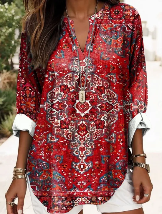 Sale Women's Blouse Tunic V Neck Long Sleeve Boho Casual Graphic Geometric Elegant Daily Regular Tops Daily Print Black Yellow Red Blue Gold Women Boho Tops