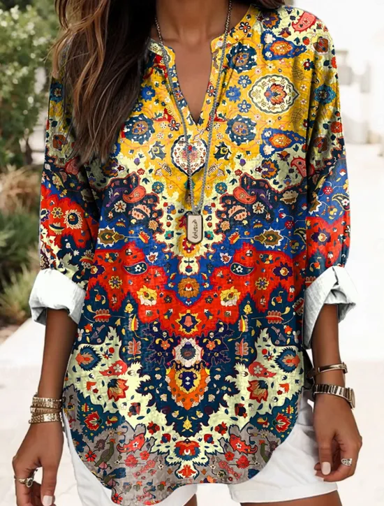 Sale Women's Blouse Tunic V Neck Long Sleeve Boho Casual Graphic Geometric Elegant Daily Regular Tops Daily Print Black Yellow Red Blue Gold Women Boho Tops