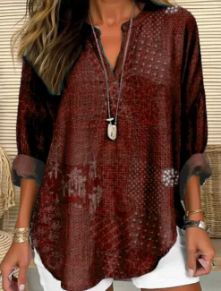 Hot Women's Blouse Tunic V Neck Long Sleeve Boho Casual Tops Floral Graphic Leaves Bohemia Vintage Tropical Regular Tops Daily Wear Print Sage Green Red Navy Blue Dusty Blue Brown Women Blouses & Shirts