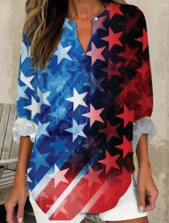 Women's Blouse Tunic V Neck Long Sleeve Boho Casual Patriotic Graphic Flag Vintage Tropical Regular Tops Daily Wear Print Black Red Blue Women Independence Day Top
