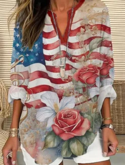Women's Blouse Tunic V Neck Long Sleeve Boho Casual Patriotic Graphic Flag Vintage Tropical Regular Tops Daily Wear Print Black Red Blue Women Independence Day Top