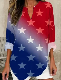 Women's Blouse Tunic V Neck Long Sleeve Boho Casual Patriotic Graphic Flag Vintage Tropical Regular Tops Daily Wear Print Black Red Blue Women Independence Day Top