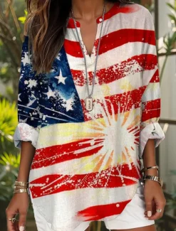 New Women's Blouse Tunic V Neck Long Sleeve Boho Casual Patriotic Graphic Flag Stylish Modern Regular Tops Daily Print Black Wine Red Blue Dusty Blue Women Independence Day Top