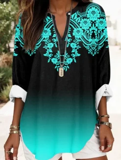 Outlet Women's Blouse Tunic V Neck Long Sleeve Boho Casual Ombre Graphic Geometric Elegant Daily Regular Tops Daily Print White Red Blue Purple Women Boho Tops