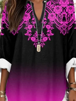 Outlet Women's Blouse Tunic V Neck Long Sleeve Boho Casual Ombre Graphic Geometric Elegant Daily Regular Tops Daily Print White Red Blue Purple Women Boho Tops