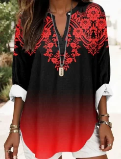 Outlet Women's Blouse Tunic V Neck Long Sleeve Boho Casual Ombre Graphic Geometric Elegant Daily Regular Tops Daily Print White Red Blue Purple Women Boho Tops