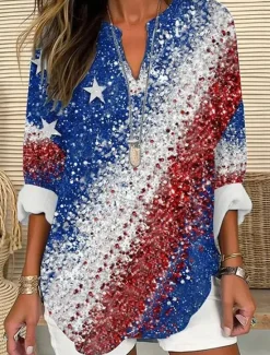 Best Women's Blouse Tunic V Neck Long Sleeve Boho Casual Patriotic Graphic Flag Vintage Tropical Regular Tops Daily Wear Print Red Blue Women Independence Day Top