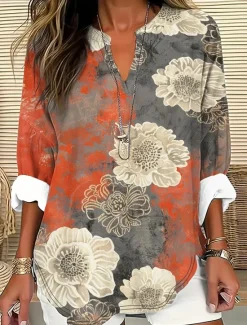 Hot Women's Blouse Tunic V Neck Long Sleeve Boho Casual Tops Floral Graphic Leaf Vintage Tropical Regular Tops Daily Wear Print Navy Blue Orange Women Blouses & Shirts