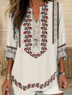 Discount Women's Blouse Tunic V Neck Long Sleeve Boho Casual Graphic Geometric Paisley Elegant Bohemia Vintage Regular Tops Daily Print Black Blue Light Grey Beige Women Boho Tops