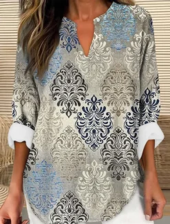 Clearance Women's Blouse Tunic V Neck Long Sleeve Boho Casual Tops Graphic Geometric Vintage Daily Regular Tops Daily Vacation Wear Print Women Boho Tops