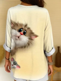 Best Women's Blouse Tunic V Neck Long Sleeve Boho Casual Summer Tops Graphic Animal Cat Vintage Tropical Regular Tops Daily Wear Print Yellow Red Orange Apricot Women Blouses & Shirts