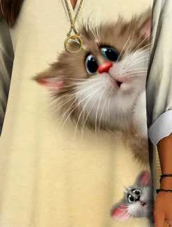 Best Women's Blouse Tunic V Neck Long Sleeve Boho Casual Summer Tops Graphic Animal Cat Vintage Tropical Regular Tops Daily Wear Print Yellow Red Orange Apricot Women Blouses & Shirts