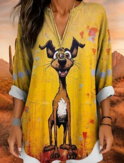Best Women's Blouse Tunic V Neck Long Sleeve Boho Casual Summer Tops Graphic Animal Cat Vintage Tropical Regular Tops Daily Wear Print Yellow Red Orange Apricot Women Blouses & Shirts