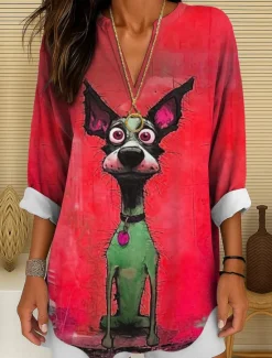 Best Women's Blouse Tunic V Neck Long Sleeve Boho Casual Summer Tops Graphic Animal Cat Vintage Tropical Regular Tops Daily Wear Print Yellow Red Orange Apricot Women Blouses & Shirts