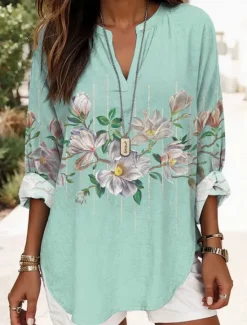 Hot Women's Blouse Tunic V Neck Long Sleeve Boho Casual Floral Graphic Elegant Daily Regular Tops Daily Print Women Blouses & Shirts