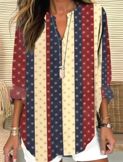 Online Women's Blouse Tunic V Neck Long Sleeve Boho Casual Patriotic Flag Red White And Blue Short Sleeve Regular Tops Daily Print Red Light Brown Blue Women Independence Day Top