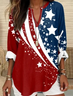 Online Women's Blouse Tunic V Neck Long Sleeve Boho Casual Patriotic Flag Red White And Blue Short Sleeve Regular Tops Daily Print Red Light Brown Blue Women Independence Day Top