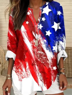 Online Women's Blouse Tunic V Neck Long Sleeve Boho Casual Patriotic Flag Red White And Blue Short Sleeve Regular Tops Daily Print Red Light Brown Blue Women Independence Day Top