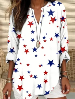 Online Women's Blouse Tunic V Neck Long Sleeve Boho Casual Patriotic Flag Red White And Blue Short Sleeve Regular Tops Daily Print Red Light Brown Blue Women Independence Day Top