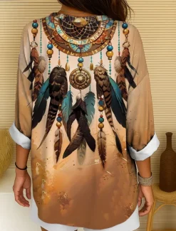 Discount Women's Blouse Tunic V Neck Long Sleeve Boho Casual Tops Ombre Graphic Bohemia Vintage Tropical Regular Tops Daily Wear Print Yellow Red Blue Purple Fuchsia Women Blouses & Shirts